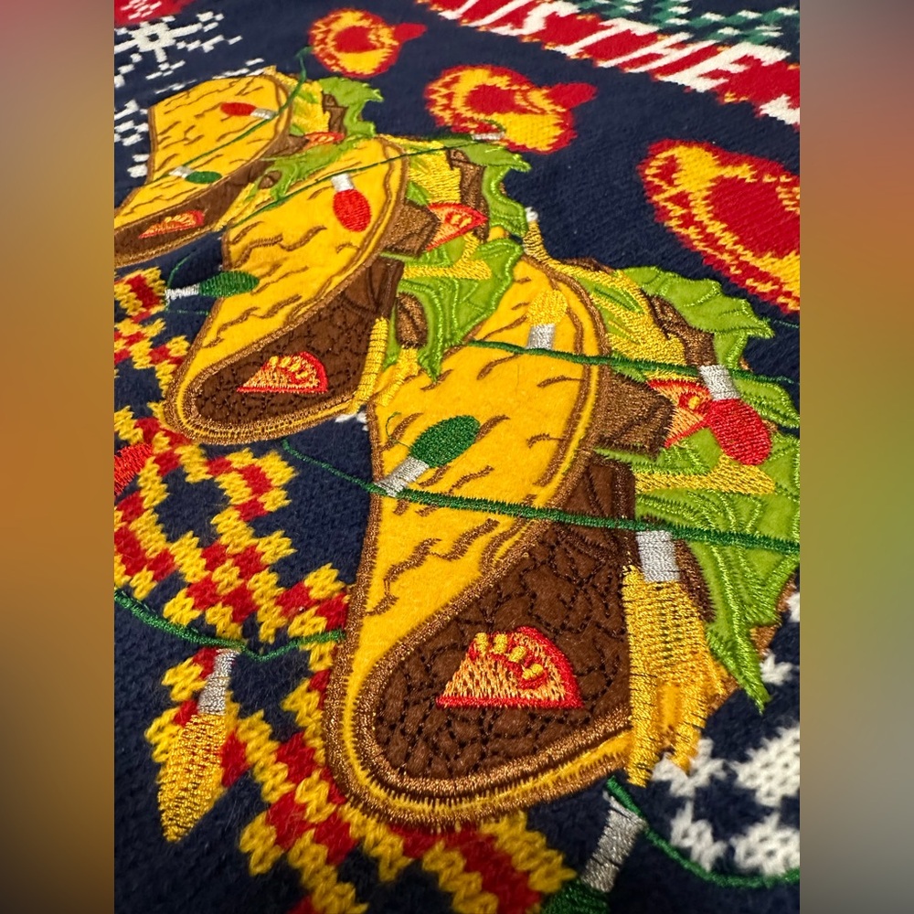 Ugly Christmas Festive Taco knit Sweater - Navy and Red Mens L embroidered - Picture 2 of 4